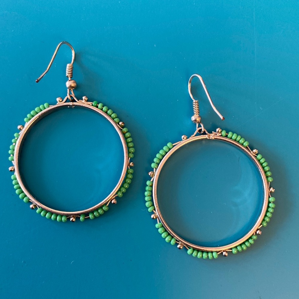 Beaded green dangly hoop earrings